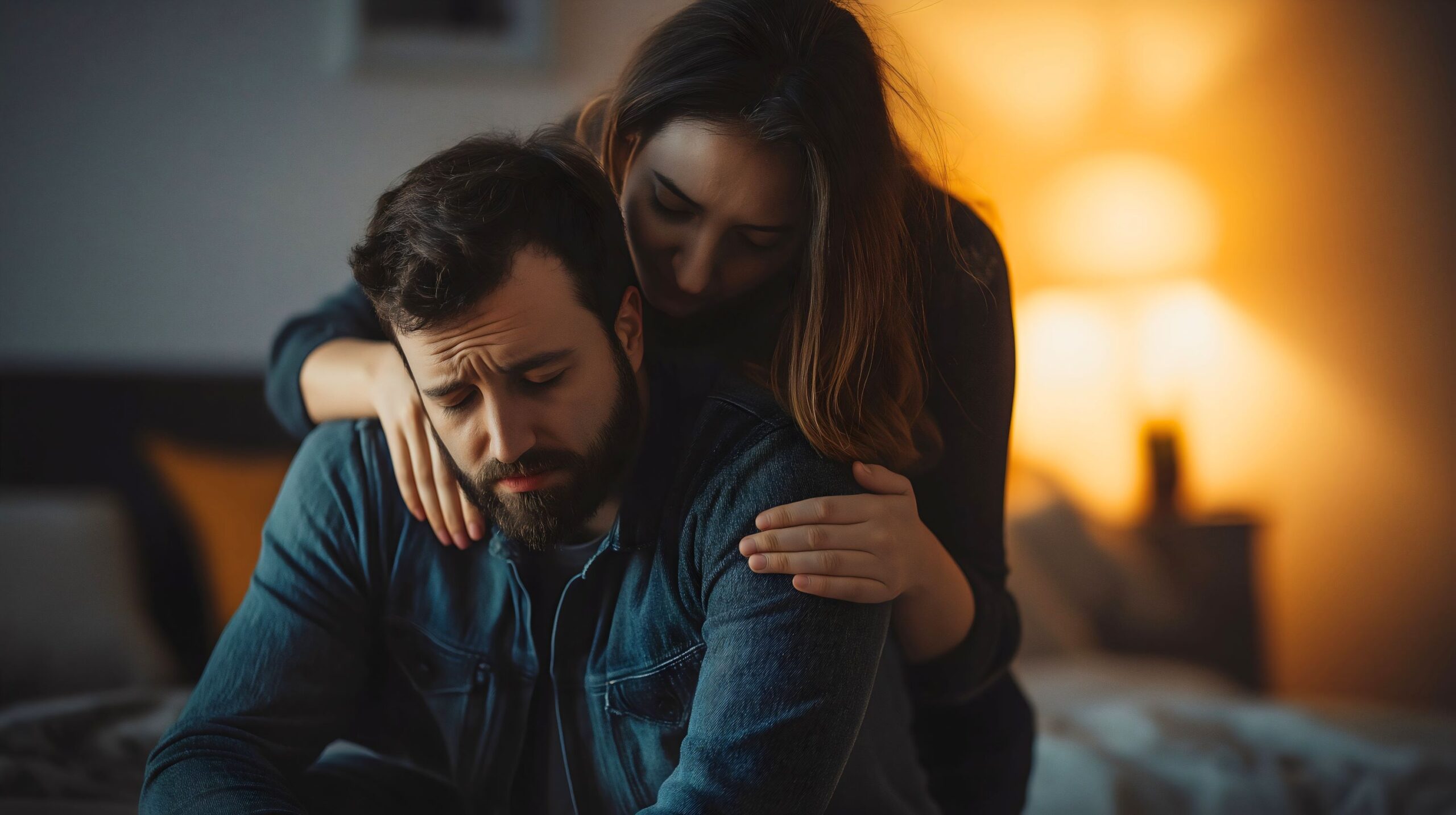Uma mulher senta-se ao lado do seu parceiro, oferecendo conforto enquanto ele luta contra o impacto emocional da infertilidade masculina.